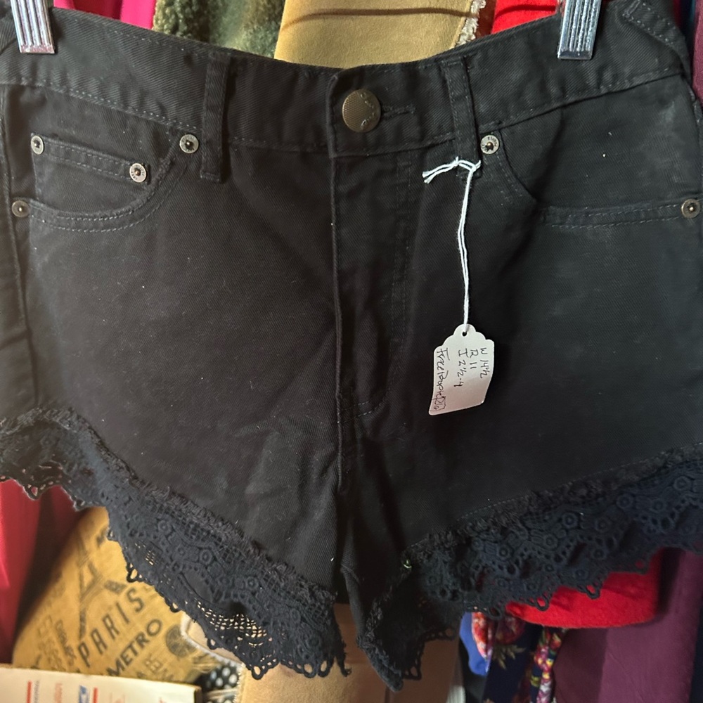 Free People Black High Waist Shorts with Lace Trim